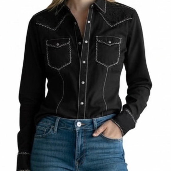 VTG Ryan Michael Western Long Sleeve Pearl Snap Button Woman SZ S Silk Blend - Picture 1 of 16